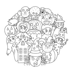 Circle shape pattern with cute Halloween characters for coloring book. Black and white background with witch, ghost, pumpkin, spider and others. Vector illustration