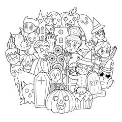Doodle Halloween characters coloring page. Spooky circle shape print. Halloween black and white mandala with pumpkin, witch, zombie, cat and others. Vector illustration
