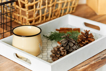 A tray with a jug of hot tea and pine cones. It will keep warm in cold autumn