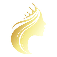Golden silhouette of a girl with a crown. Symbol for stylist and hair salon