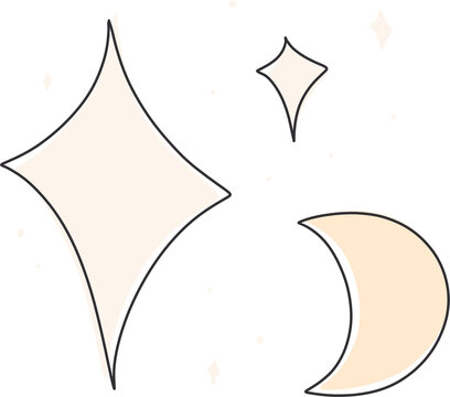 Moon And Stars Clipart. Spiritual Practices, Tranquility, Meditation, Night Sky Symbols In Neutral Ivory And Pastel Peach Colors.