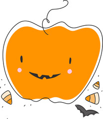 Jack-o-Lantern, cute Halloween pumpkin with bat and treats clipart. Trick or treat graphic in  and black colors.