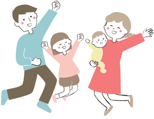 ジャンプする4人家族　親子　喜び　うれしい