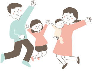 ジャンプする4人家族　親子　喜び　うれしい