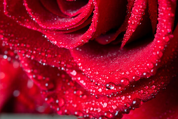 Red rose petals close-up with water drops. Floral background for screensaver, wallpapers, postcards for Valentine's day, birthday, wedding day. High quality photo