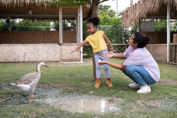 Happy mother with African American daughter feed goose at farm