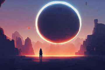 A boy standing in a cave, digital art