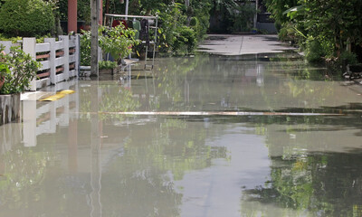 View along a generic residential road in a housing estate with flood water lying on the street. Sunlight is starting to dry out the standing water. No people.