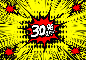 30 Percent OFF Discount on a Comics style bang shape background. Pop art comic discount promotion banners.