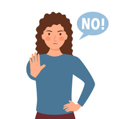 Woman with hand gesturing no or stop sign in flat design. No means no concept.