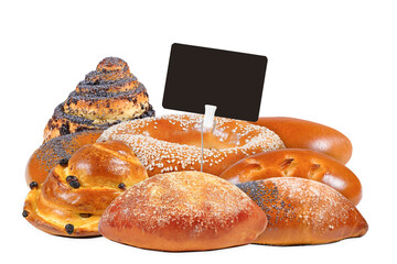 Fresh homemade pastry with blank price tag on white background.