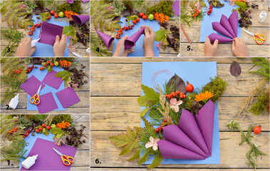 Collage with step by step instructions of Autumnal application umbrella with natural leaves. Do it...