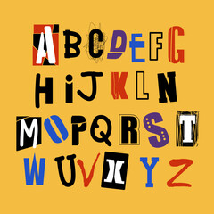 Alphabet in punk style. Colored letters on a yellow background are hand-drawn. Lettering, newspaper clipping