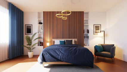 white wall and wooden bedroom interior, 3d rendering
