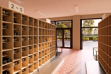 夕日が差し込む放課後の昇降口と下駄箱 / スクールライフ・学園ロケーション・青春とノスタルジーのコンセプトイメージ / 3Dレンダリング