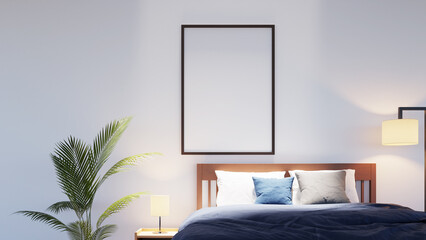 white wall bedsroom picture frame mockup, 3d rendering