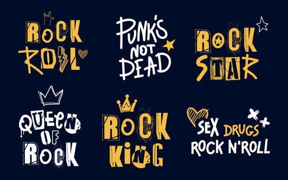 A set of painted lettering. Rock and roll, queen of rock, king of rock, sex, drugs, punks no dead