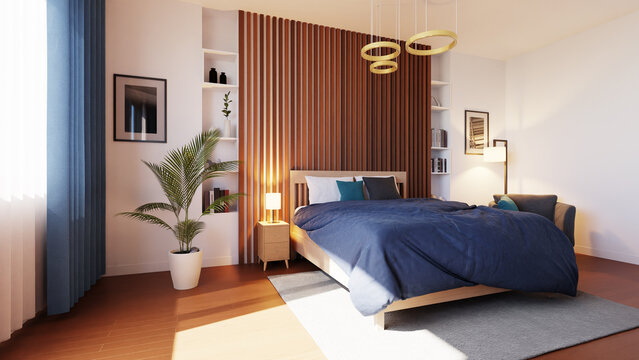 white wall and wooden bedroom interior, 3d rendering