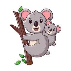 Cute Mother Koala with the baby Climbing the Tree Cartoon. Animal Icon Concept. Flat Cartoon Style. Suitable for Web Landing Page, Banner, Flyer, Sticker, Card