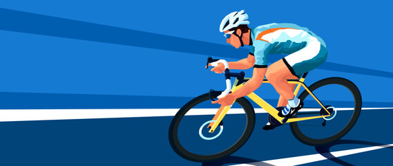 Fototapeta na wymiar A cyclist rushes on a yellow road bike. In the gear. Gravel bike. Cycling team. Bicycle form. Dynamic scene, high speed. Vector illustration. Blue background, parallel lines