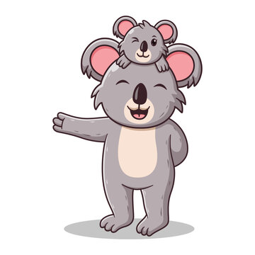 Loving Mother Koala Waving hand with the Baby. Animal Icon Concept. Flat Cartoon Style. Suitable for Web Landing Page, Banner, Flyer, Sticker, Card