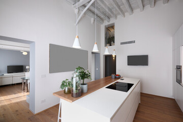 View of a modern white kitchen, in the foreground, is the island kitchen with induction hob, the floor and the ceiling are made of wood