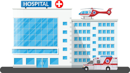 Hospital building, medical icon.