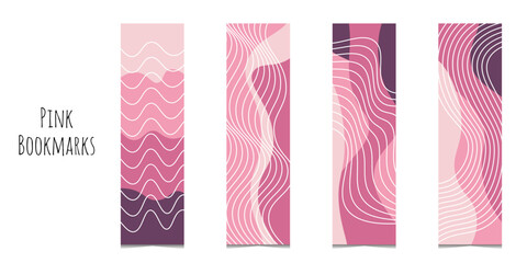 Set of 4 bookmarks templates in pink color pallete. Abstract waves and geometric elements. Classical rectangular bookmarks for girl, woman. Flat illustration. Isolated on white background.