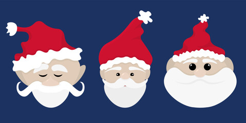 Set of three heads of Santa Claus.  Illustration in flat cartoon style. Blue, white and red colors.
Isolated on blue background.