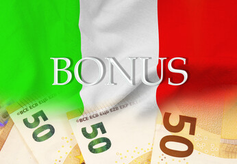 An italian flag blends in with some banknotes of 50 euros. There is text saying 