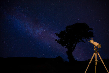 Baum Silhouette mit Milchstraße und Teleskop