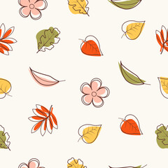 Autumn pattern with one line leaves on beige background.
