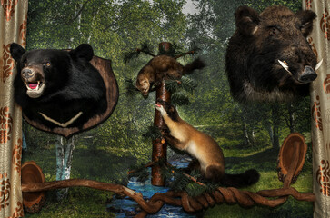 Stuffed animals of various animals are located on the wall and on a branch.