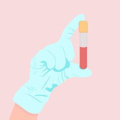 Flat illustration with hand holding test tube in hand on gray background.