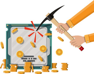 Golden coin with computer chip and pickaxe