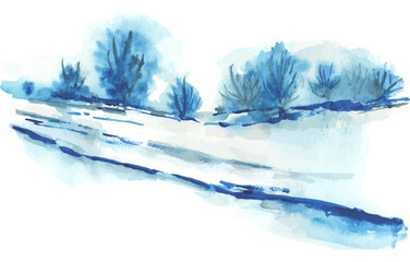 watercolor painting, beautiful landscape of trees in the snow