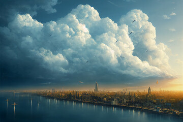 Fototapeta na wymiar Clouds over the futuristic fantasy city, 3d illustration