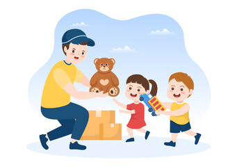 Cardboard Donation Box Containing Toys for Children, Social Care, Volunteering and Charity in Hand Drawn Cartoon Flat Illustration