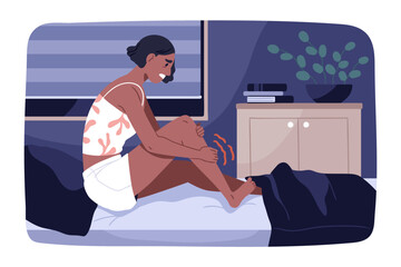 Person suffering from muscle ache, cramp at night. Black woman in bed with hurting leg, sudden acute pain, spasm after trauma. Girl with strain, sprain of painful limb. Flat vector illustration - obrazy, fototapety, plakaty