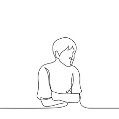 man hugged himself - one line drawing vector. concept loneliness or abdominal pain (colic)
