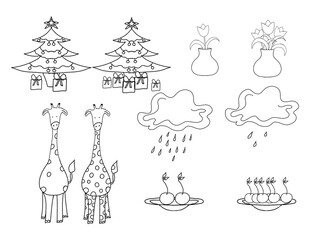 set of illustrations, coloring page, children's illustration. clouds, giraffe, Christmas tree, gifts, flowers, vase, cherries