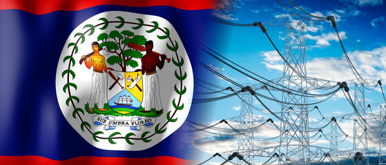 Belize - country flag and electricity pylons - 3D illustration