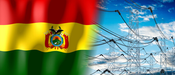 Bolivia - country flag and electricity pylons - 3D illustration