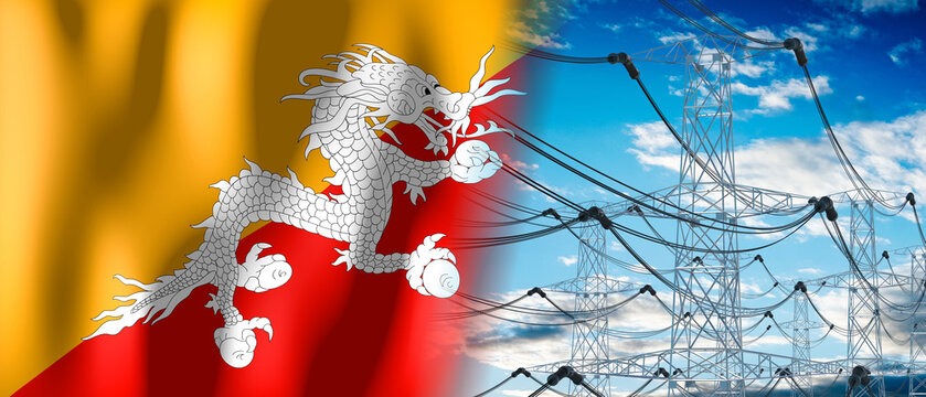 Bhutan - country flag and electricity pylons - 3D illustration