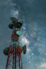Telecommunication station at night with Milky Way background, Transmission towers..