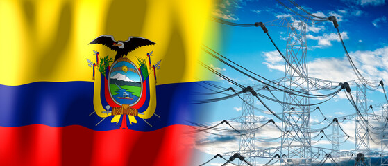 Ecuador - country flag and electricity pylons - 3D illustration