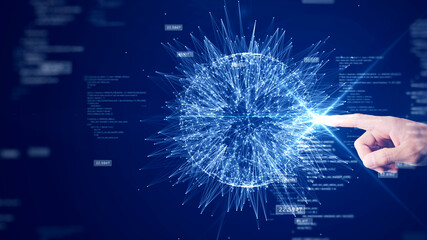 big data collection technology concept It is a powerful computing system that can handle huge amounts of data. Fingertips touch spheres of interconnected polygons on a dark blue background.
