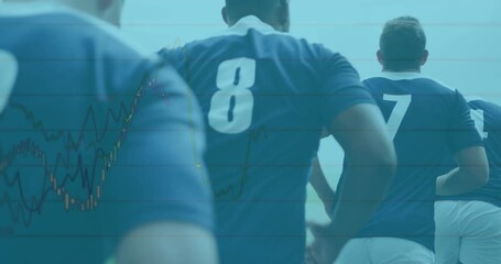 Animation of financial data processing over diverse rugby players on field - Powered by Adobe