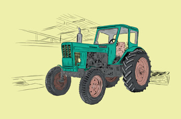 tractor on the farm - sketch illustration
