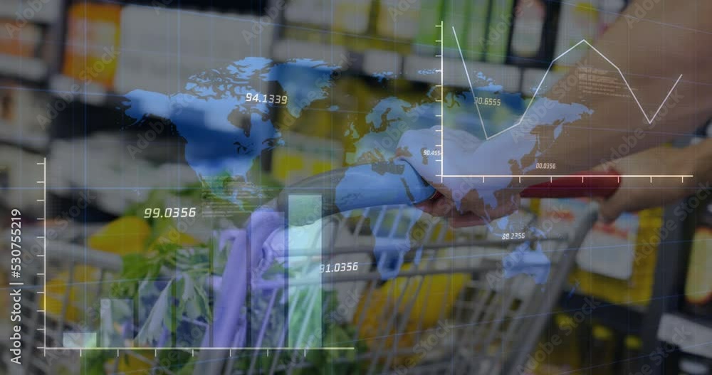 Poster animation of data processing over world map over midsection of man with shopping cart